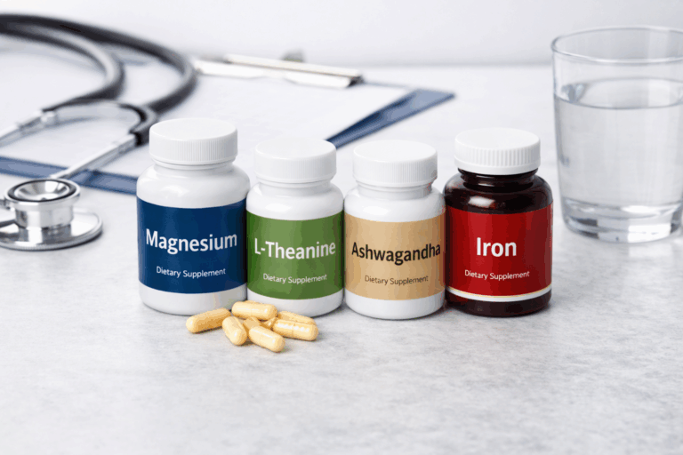 Supplements including magnesium, L-theanine, ashwagandha, and iron displayed on a pharmacy surface.